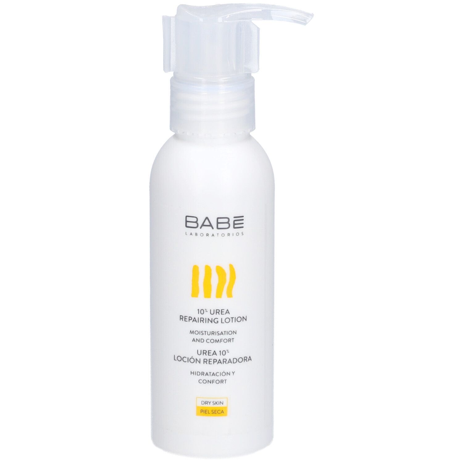 Witte fles met doseerpomp. Opschrift: BABÉ, 10% Urea Repairing Lotion.
