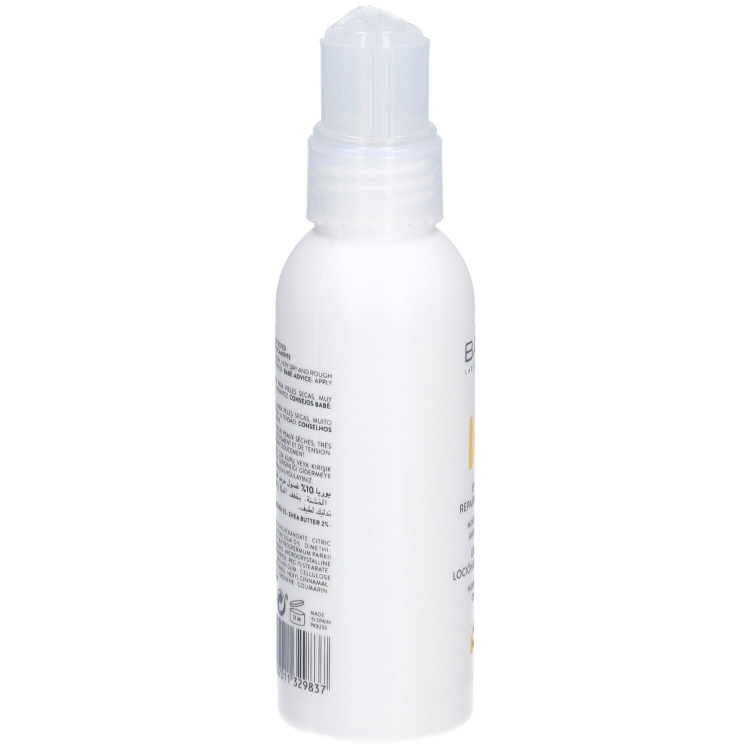 Witte fles met transparante dop. Opschrift en ingrediënten.