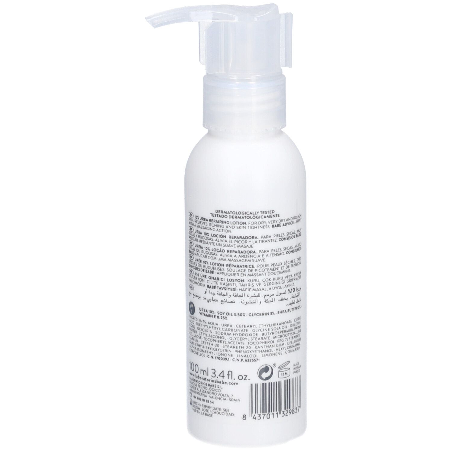 Achterkant van een witte fles met doseerpomp. Tekst en barcode.