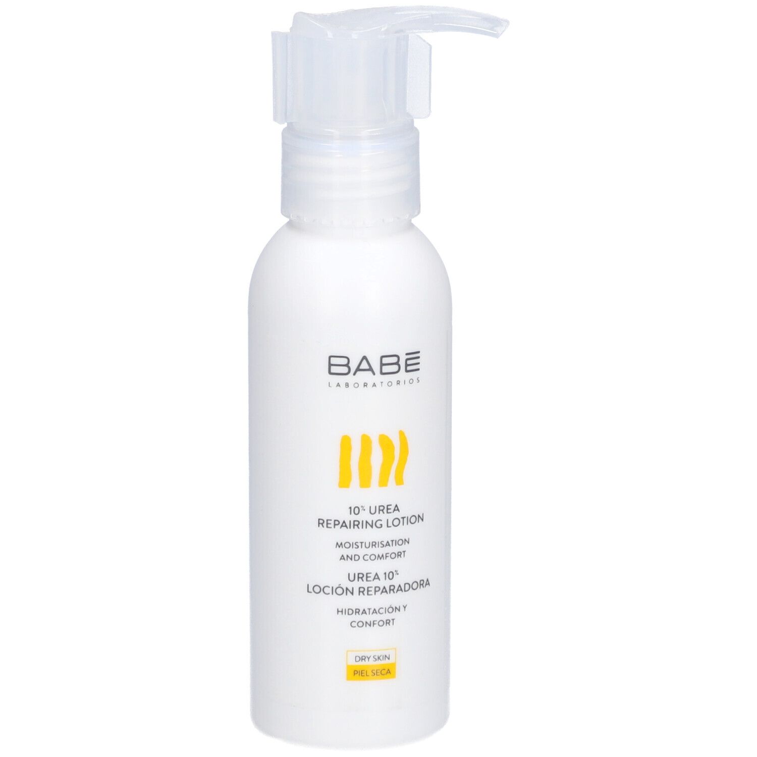 Witte fles met doseerpomp. Opschrift: BABÉ, 10% Urea Repairing Lotion.