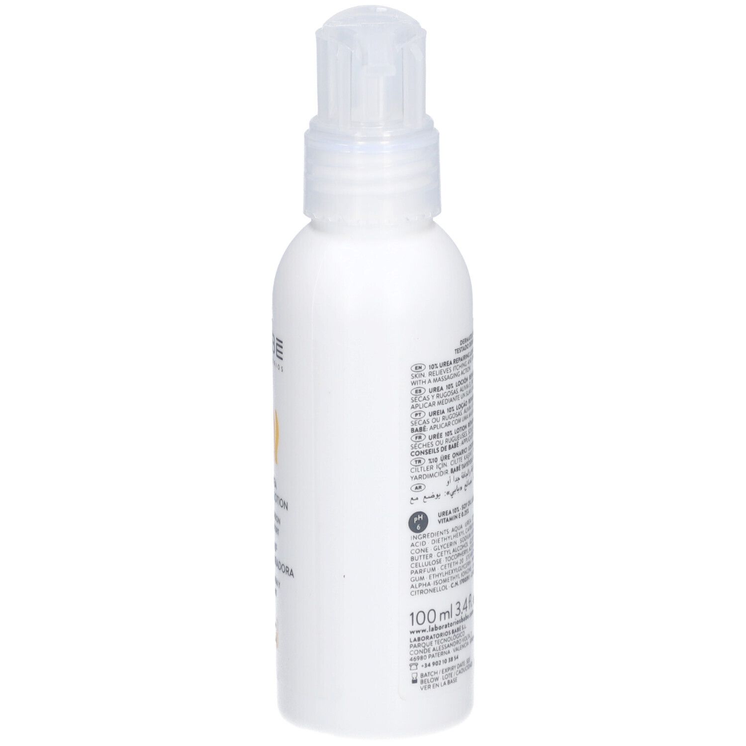 Witte fles met transparante dop. Opschrift en volume-aanduiding.