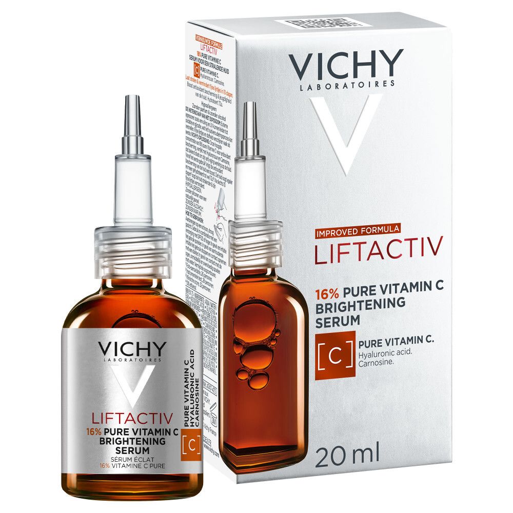 Vichy Liftactiv serum. Verpakking. Tekst: New Look, Vitamin C Serum, 15% Pure Vitamine C.