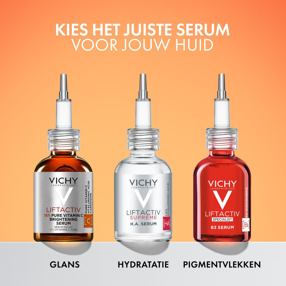 Vichy Liftactiv serum. Verpakking. Tekst: Nieuw Formaat, Vitamin C Serum.