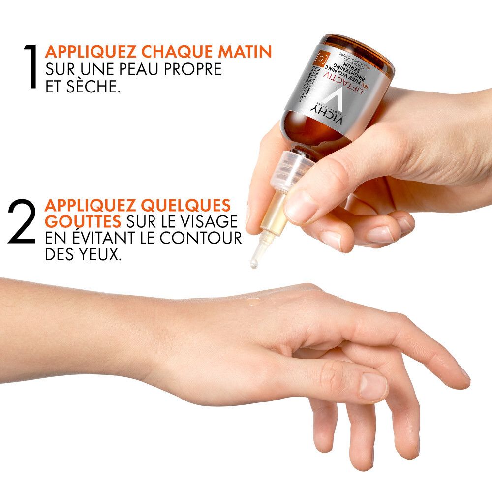 Sérum Vichy Liftactiv. Emballage. Texte : New Look, Sérum Vitamine C, 15% Vitamine C Pure.