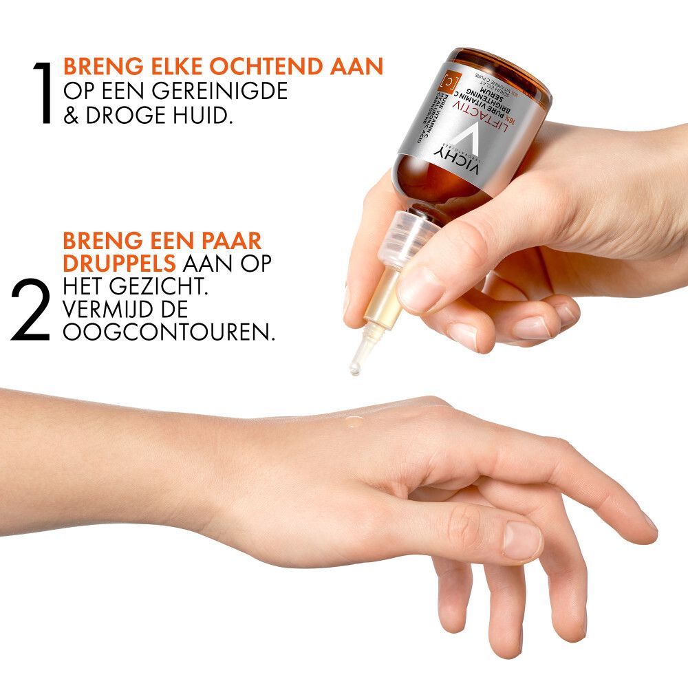 Vichy Liftactiv serum. Verpakking. Tekst: New Look, Vitamin C Serum, 15% Pure Vitamine C.