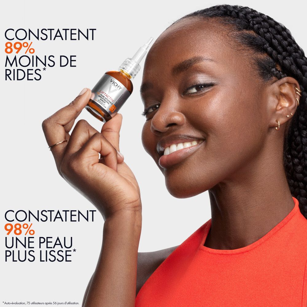 Sérum Vichy Liftactiv. Flacon en verre brun avec pipette. Inscription : 16% Vitamine C Pure.