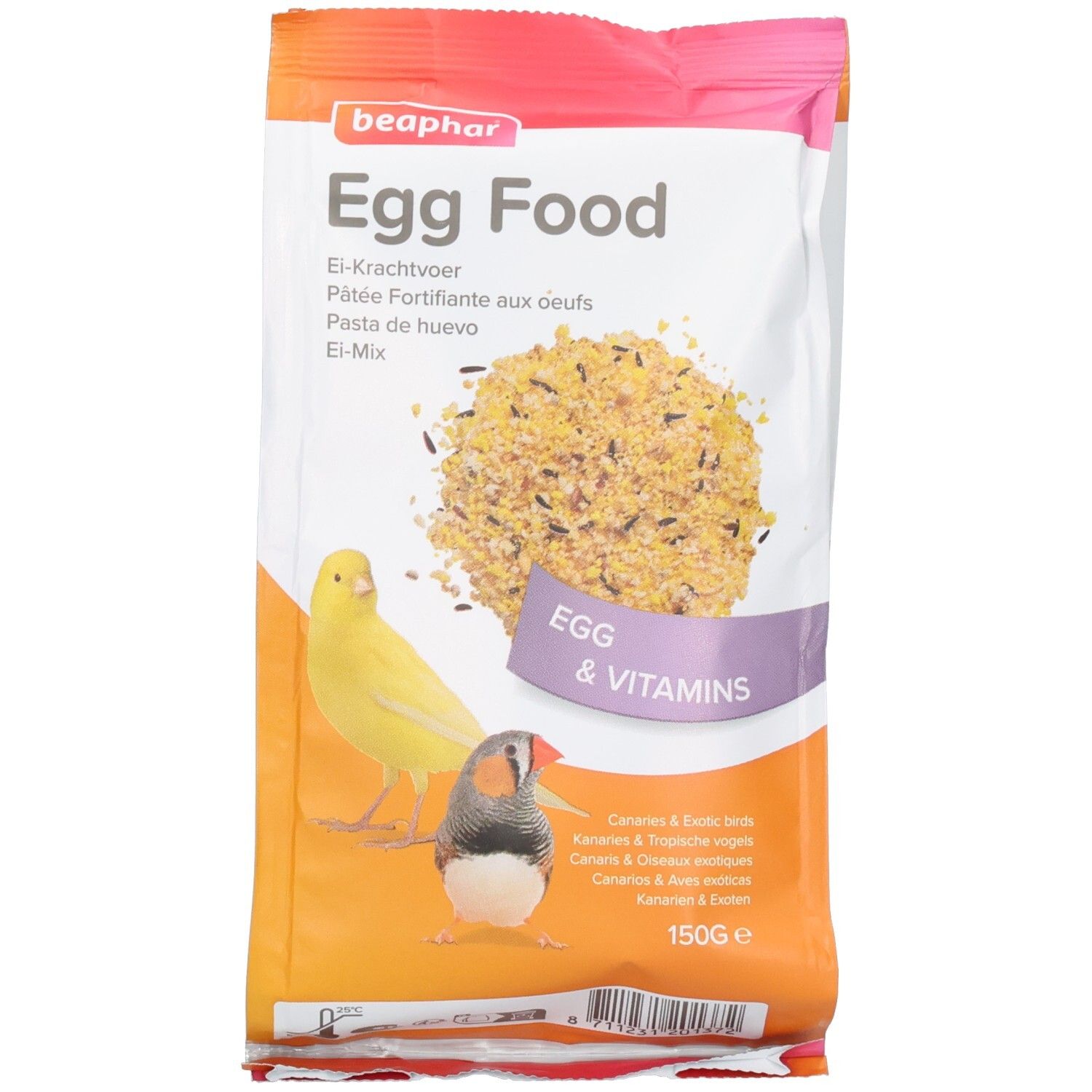 Zak Ei-Mix voor kanaries & exoten. Opschrift: "Egg Food". Afbeeldingen van vogels. 150g.