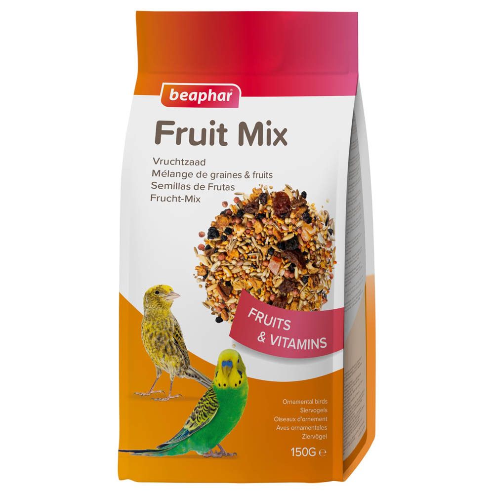 Sachet de nourriture pour oiseaux. Inscription "Fruit Mix" et "Beaphar". Illustration de fruits et deux oiseaux. Texte : "Fruits & Vitamins".