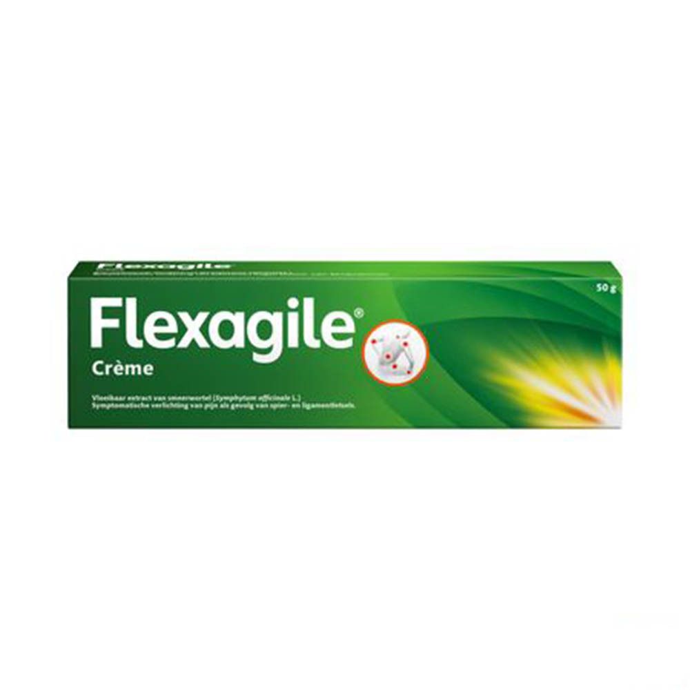 Groene doos Flexagile Crème. Witte tekst. 50g. Illustratie van rode stippen.