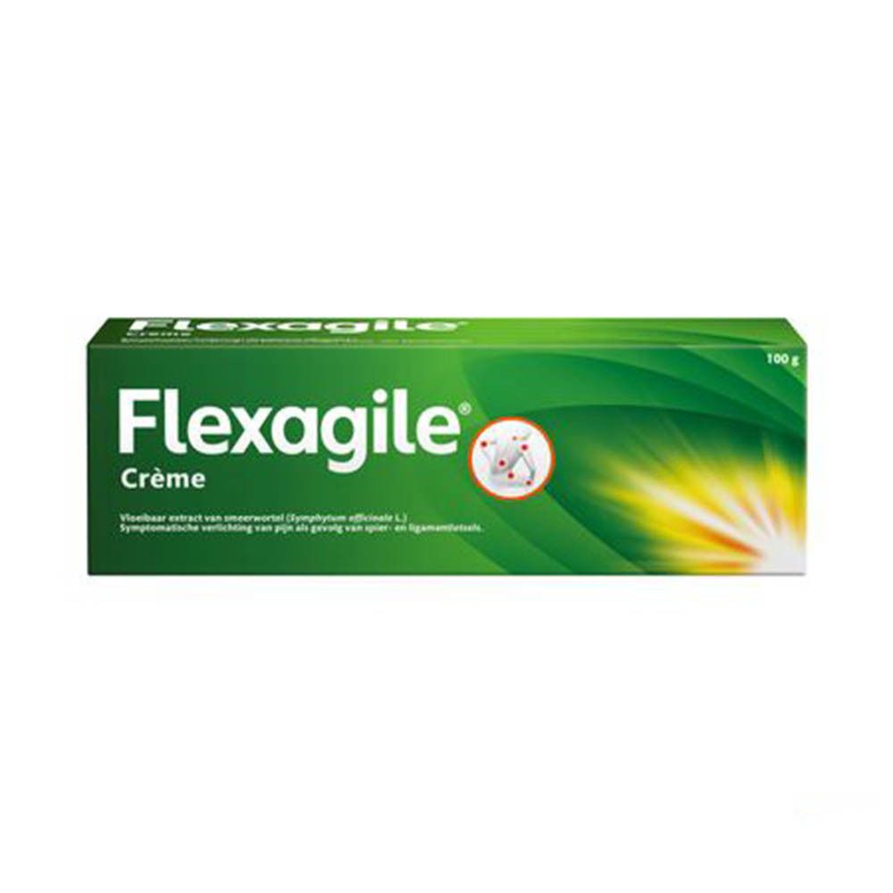 Groene doos Flexagile Crème. Tekst: Crème, 100 g, smeerwortelextract.