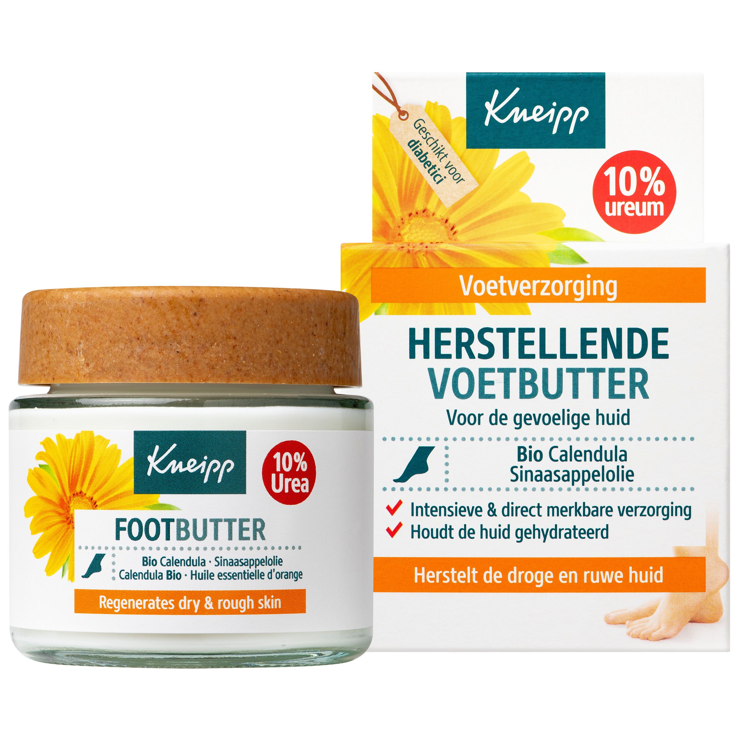 Glazen pot met deksel. Etiket met Kneipp, Footbutter, 10% Urea en bloem. Bevat Bio Calendula.