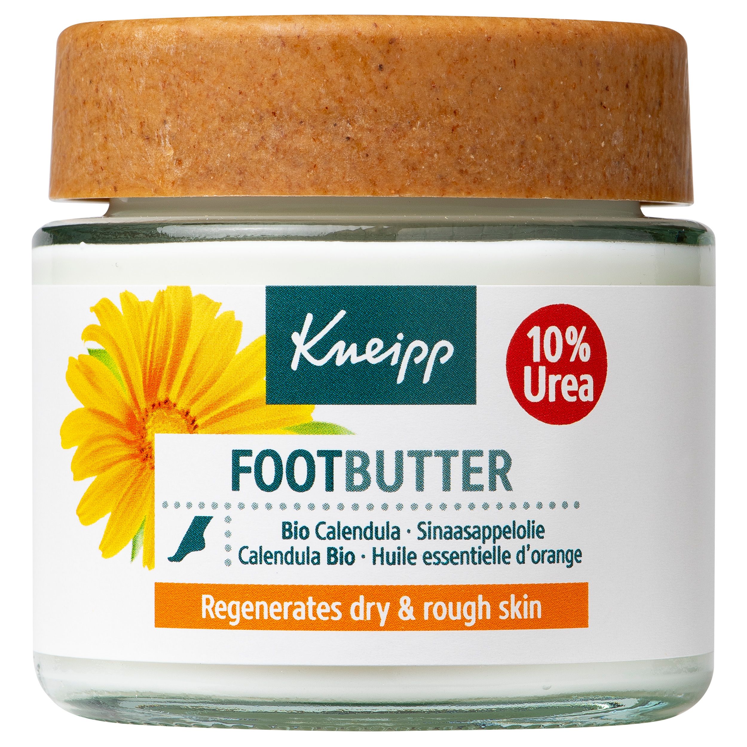 Glazen pot met deksel. Etiket met Kneipp, Footbutter, 10% Urea en bloem. Bevat Bio Calendula.
