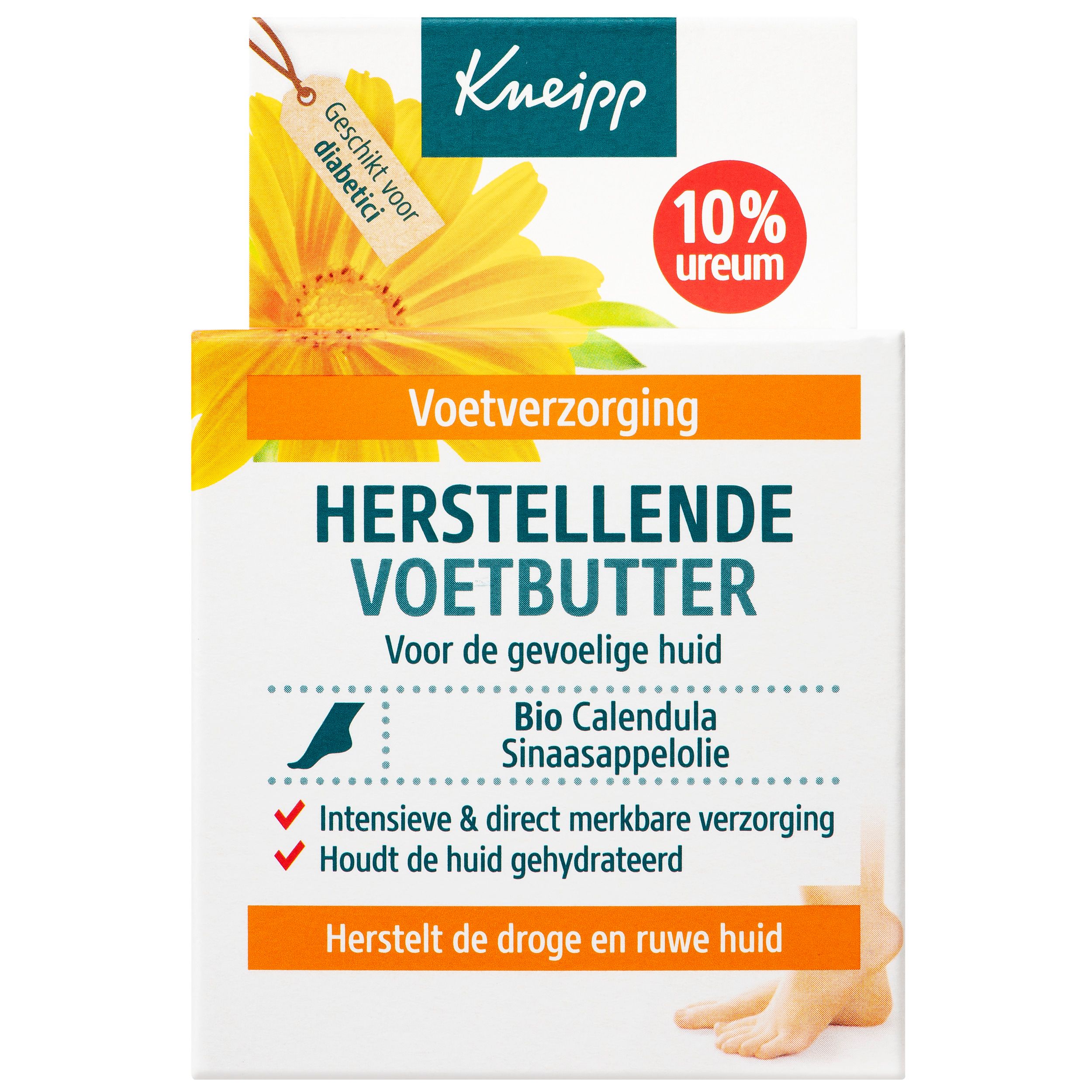 Glazen pot met deksel. Etiket met Kneipp, Footbutter, 10% Urea en bloem. Bevat Bio Calendula.