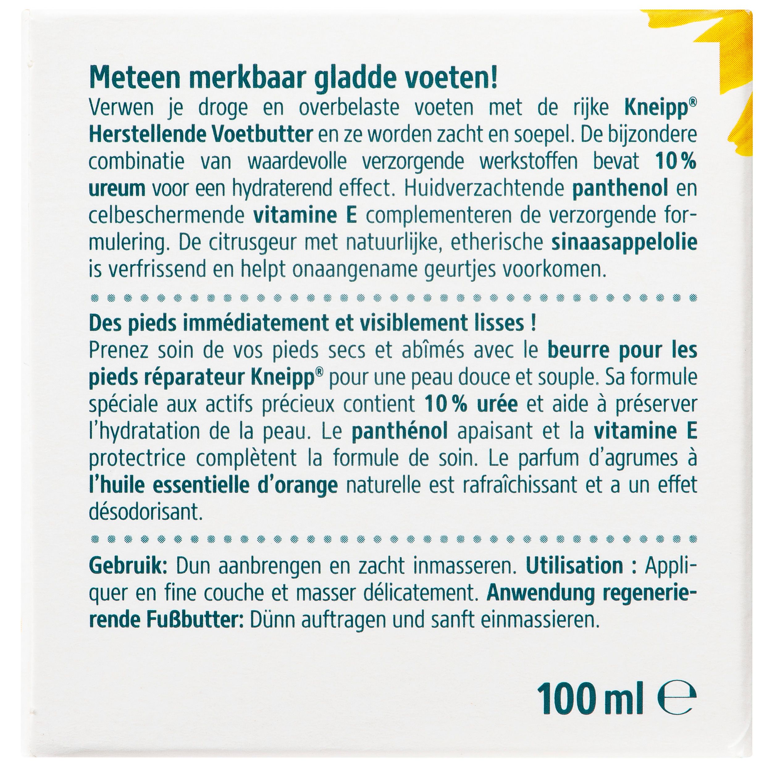Glazen pot met deksel. Etiket met Kneipp, Footbutter, 10% Urea en bloem. Bevat Bio Calendula.