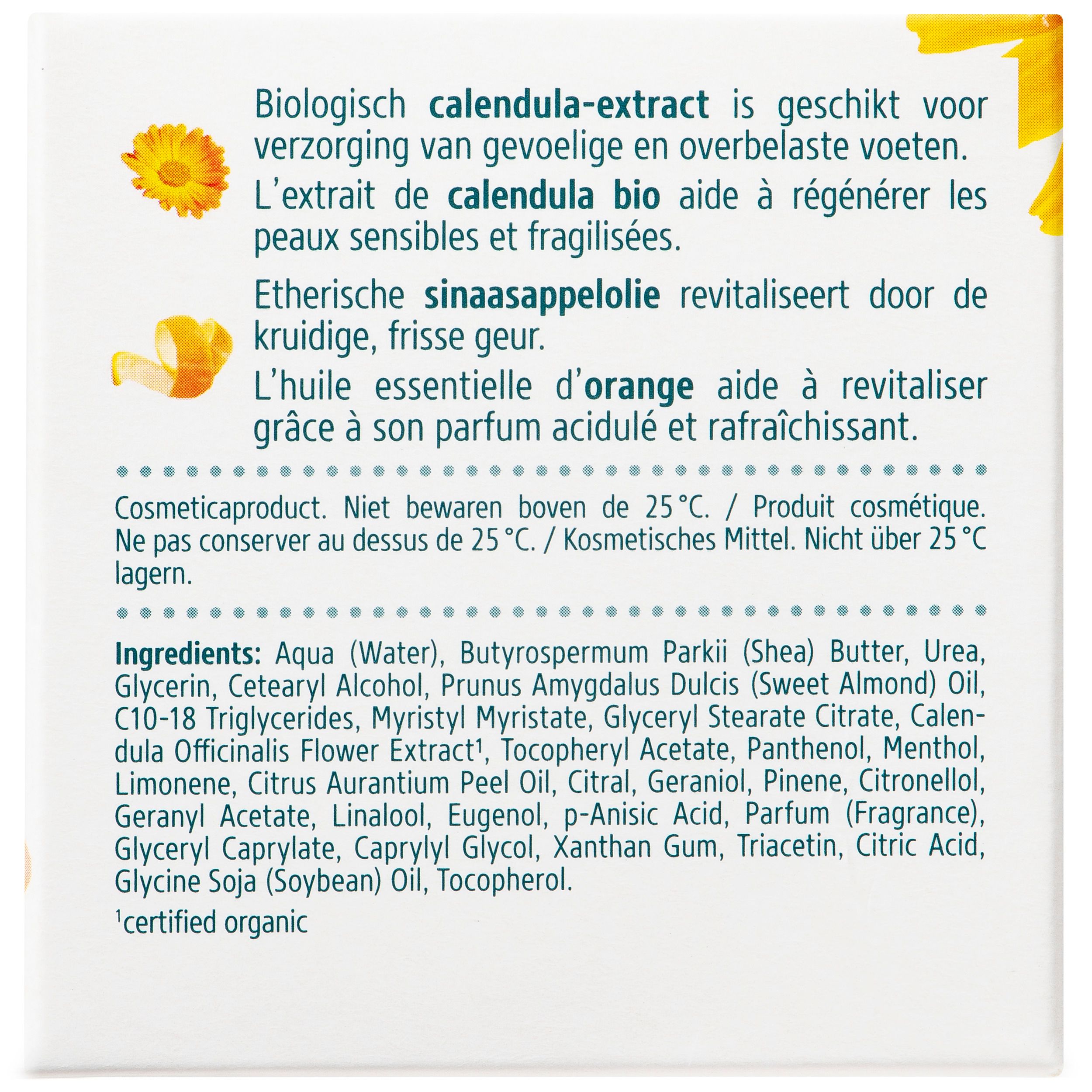 Glazen pot met deksel. Etiket met Kneipp, Footbutter, 10% Urea en bloem. Bevat Bio Calendula.