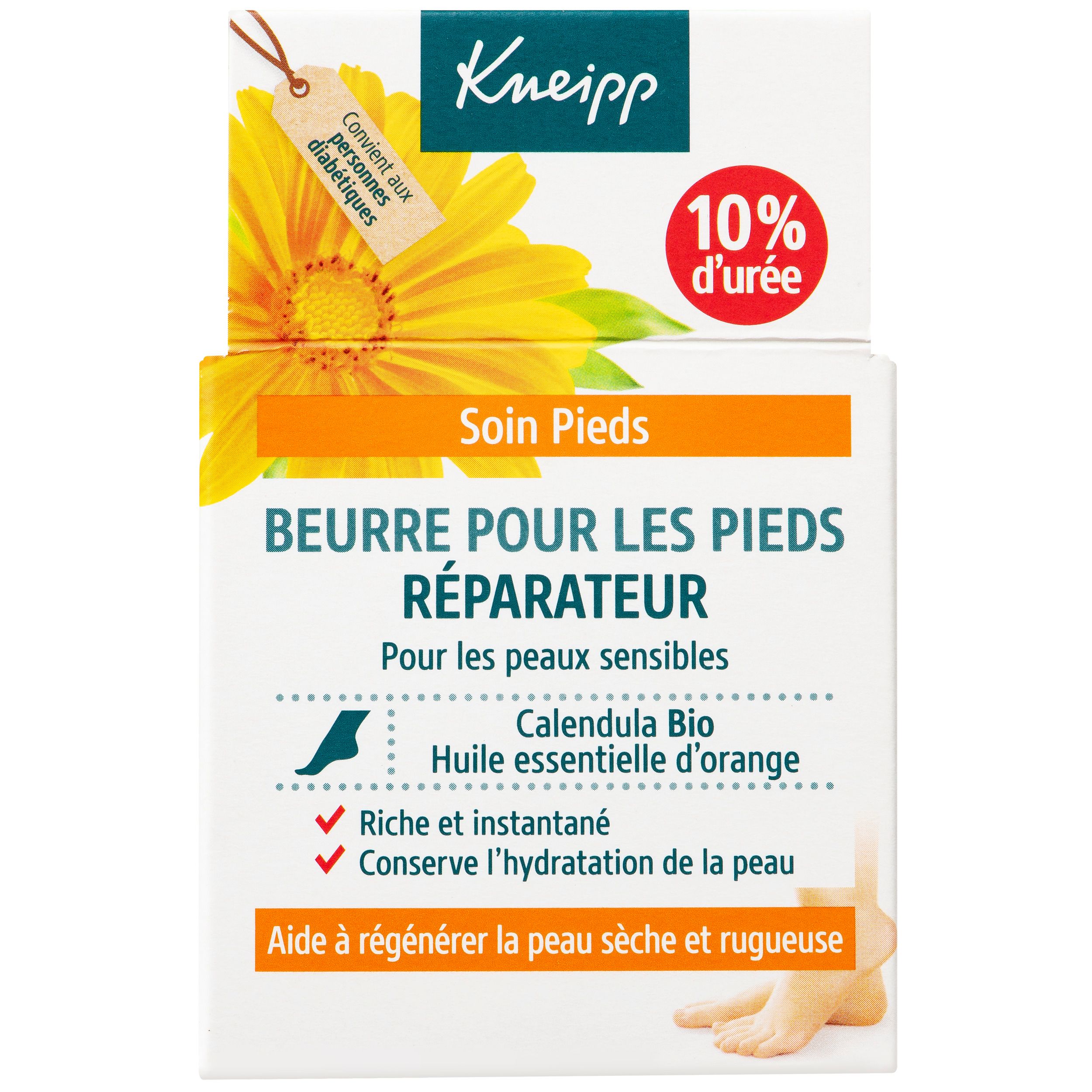 Glazen pot met deksel. Etiket met Kneipp, Footbutter, 10% Urea en bloem. Bevat Bio Calendula.