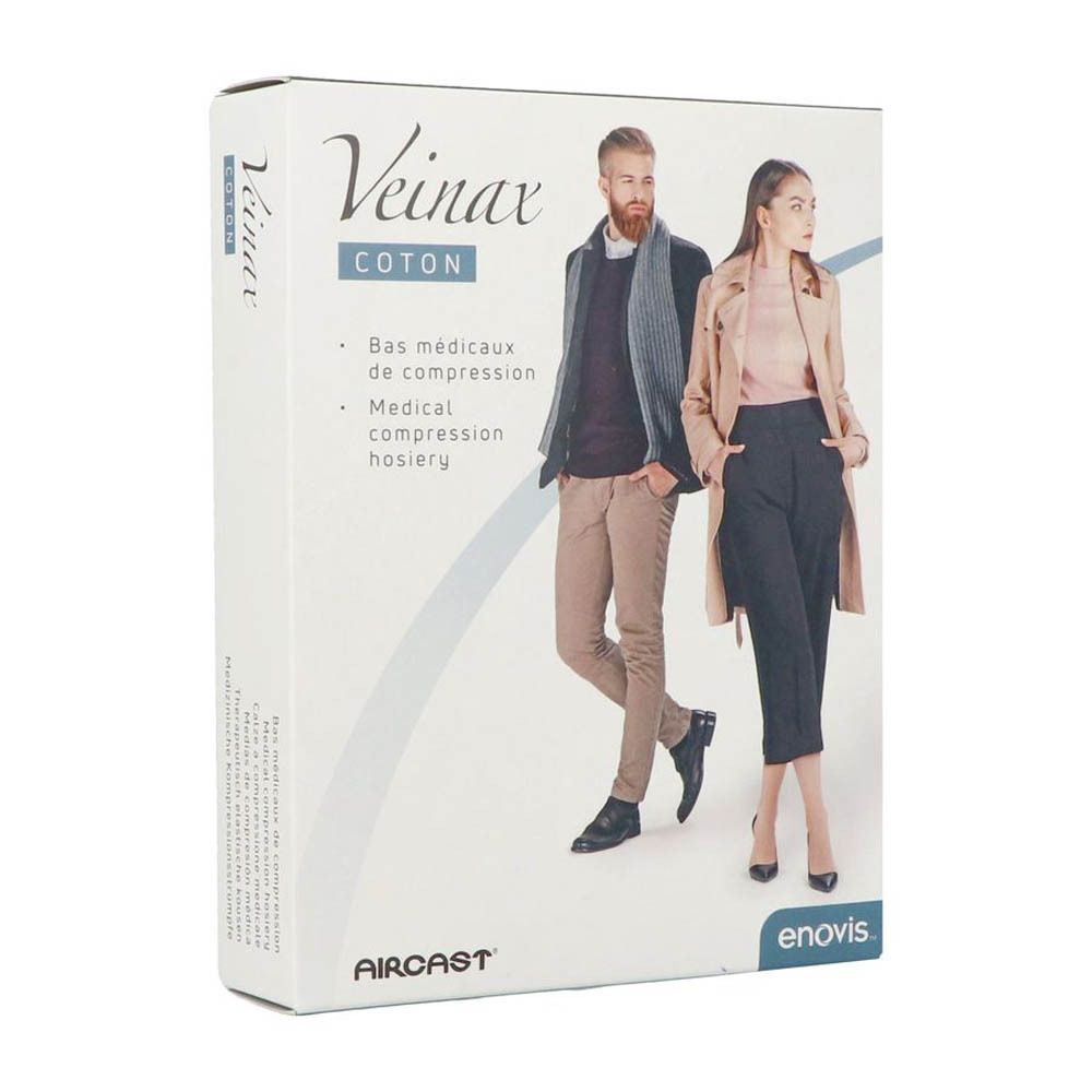 Boîte Veinax Coton, bas de compression. Illustration d'un homme et d'une femme.