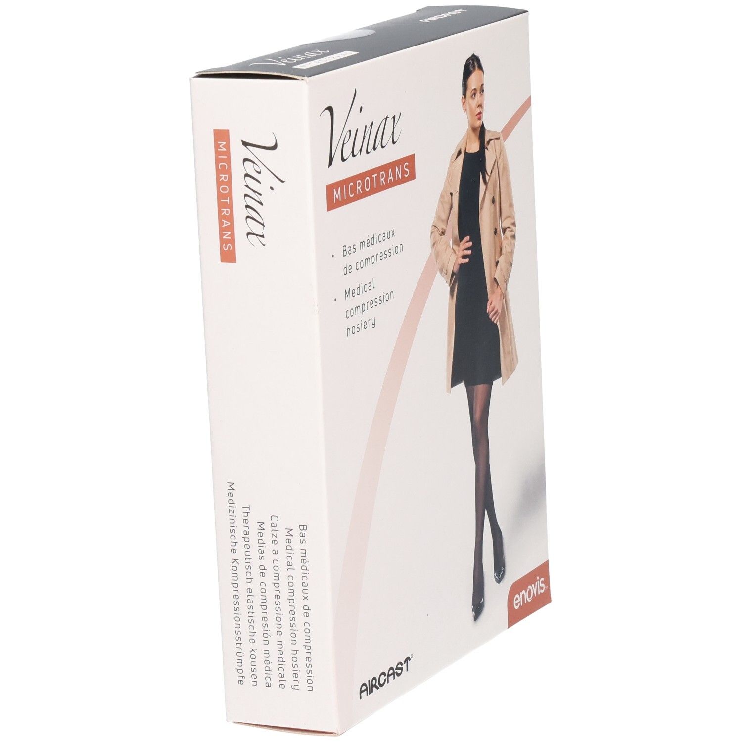 Vue en biais de la boîte de bas de compression médicaux Veinax Microtrans. Logos Aircast et enovis.