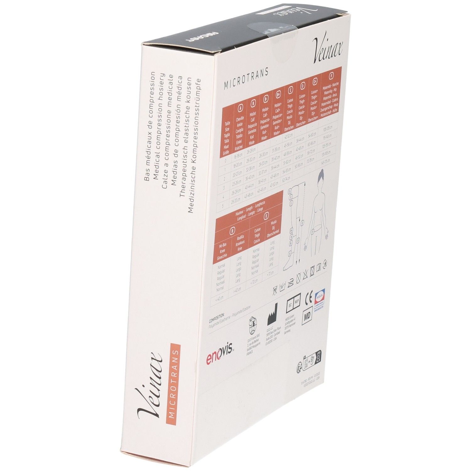 Vue en biais de la boîte de bas de compression médicaux Veinax Microtrans. Tableau des tailles et symboles.