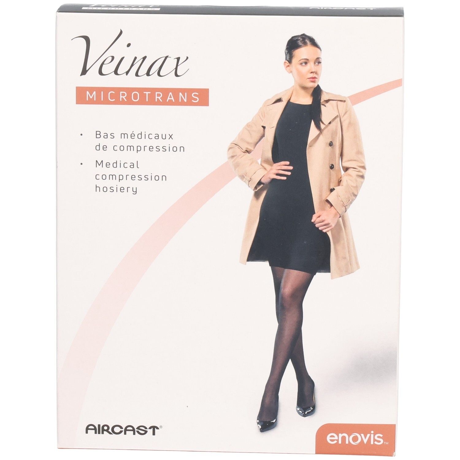 Boîte de bas de compression médicaux Veinax Microtrans. Femme portant des bas. Logos Aircast et enovis.