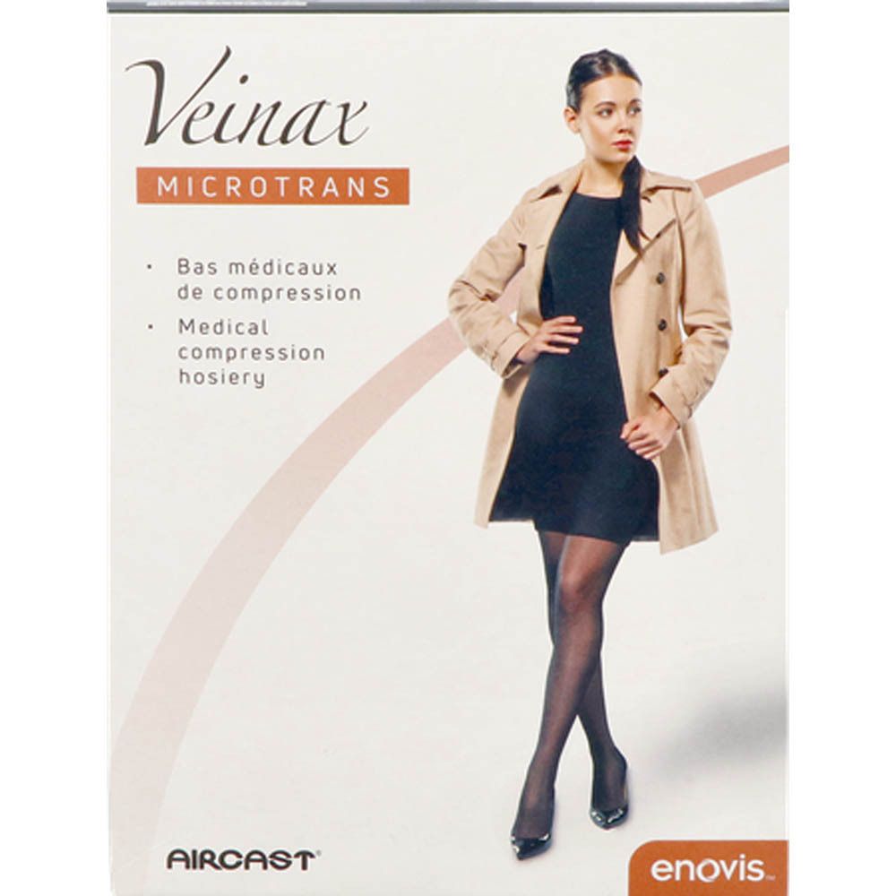 Verpakking met compressiekousen. Opschrift: Veinax, Microtrans, medische compressiekousen. Vrouw draagt kousen.