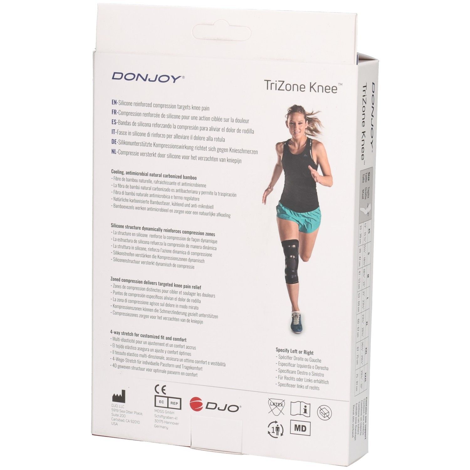 Arrière de l'emballage de la genouillère DONJOY TriZone avec informations produit et image d'une coureuse.