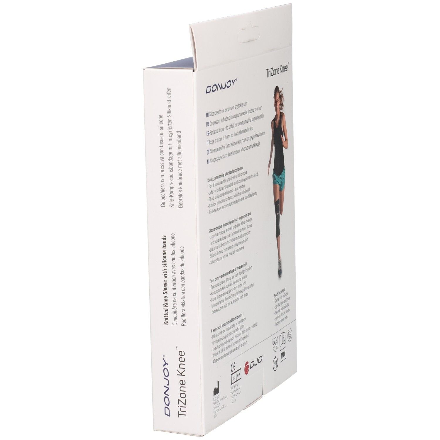 Vue latérale de l'emballage de la genouillère DONJOY TriZone avec description du produit et marquage CE.