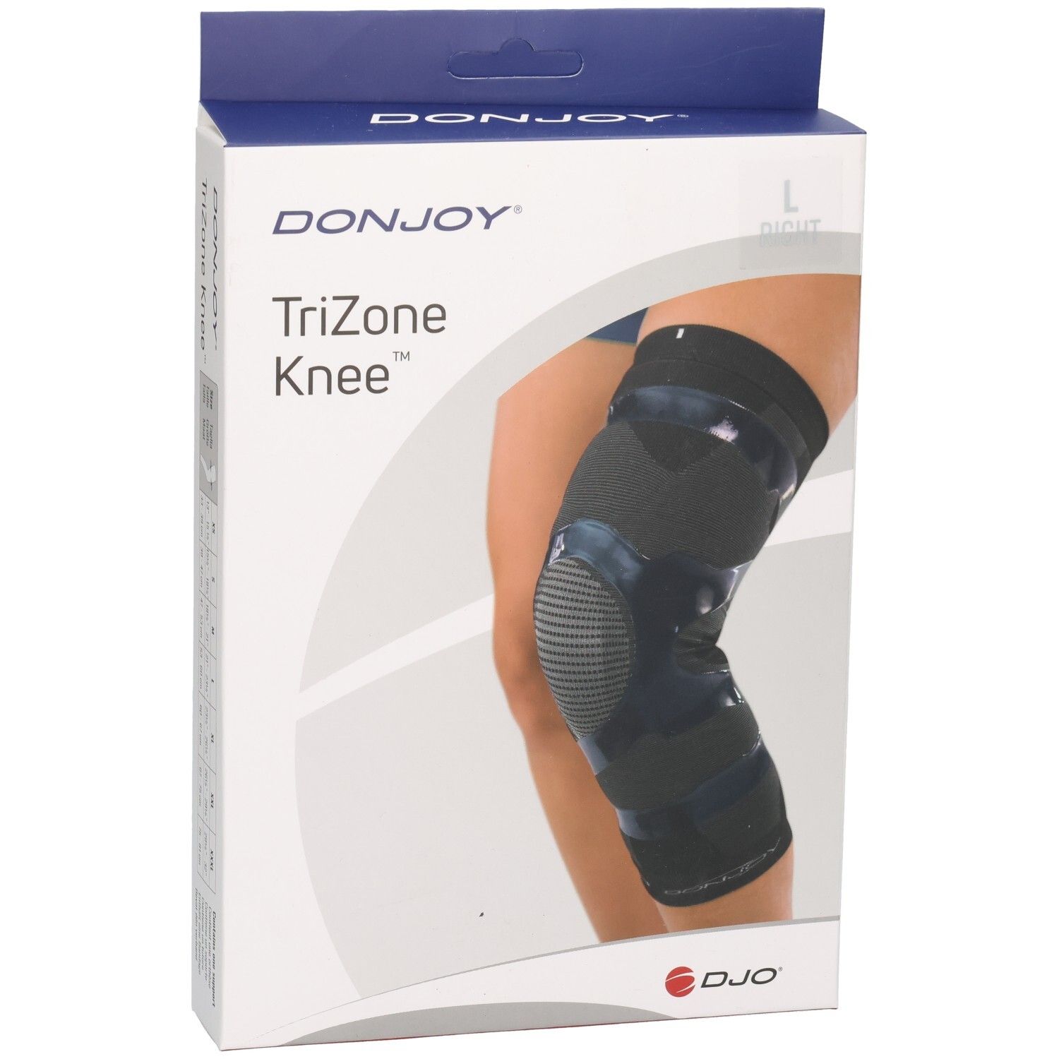 Genouillère DONJOY TriZone, taille L, droite. Façade de l'emballage avec illustration du produit.