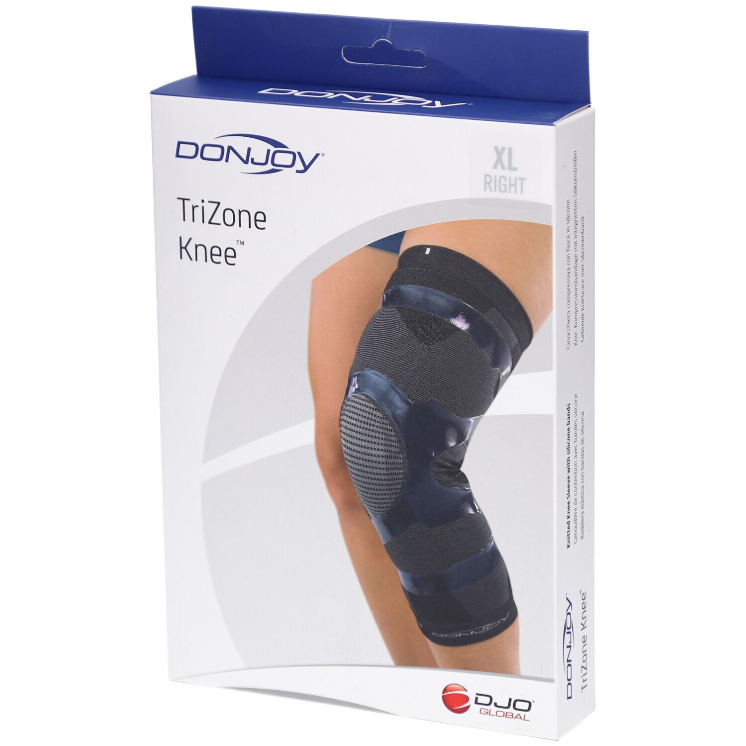 DonJoy Trizone Knee Extra Large droit. Genouillère dans son emballage. XL, droite. Marque et nom du produit visibles.