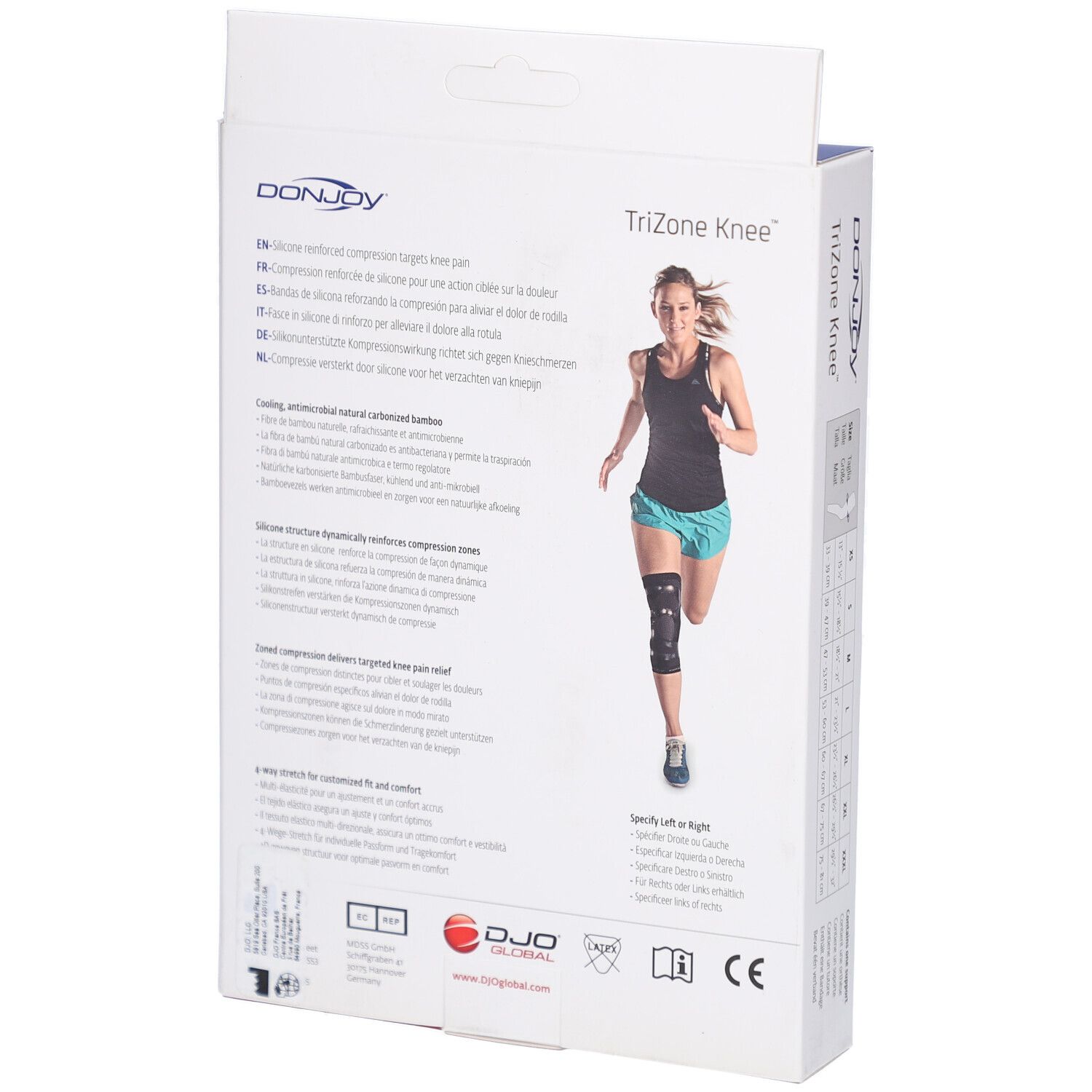 Dos de l'emballage DonJoy Trizone Knee. Illustration du produit et texte. Marquage CE.