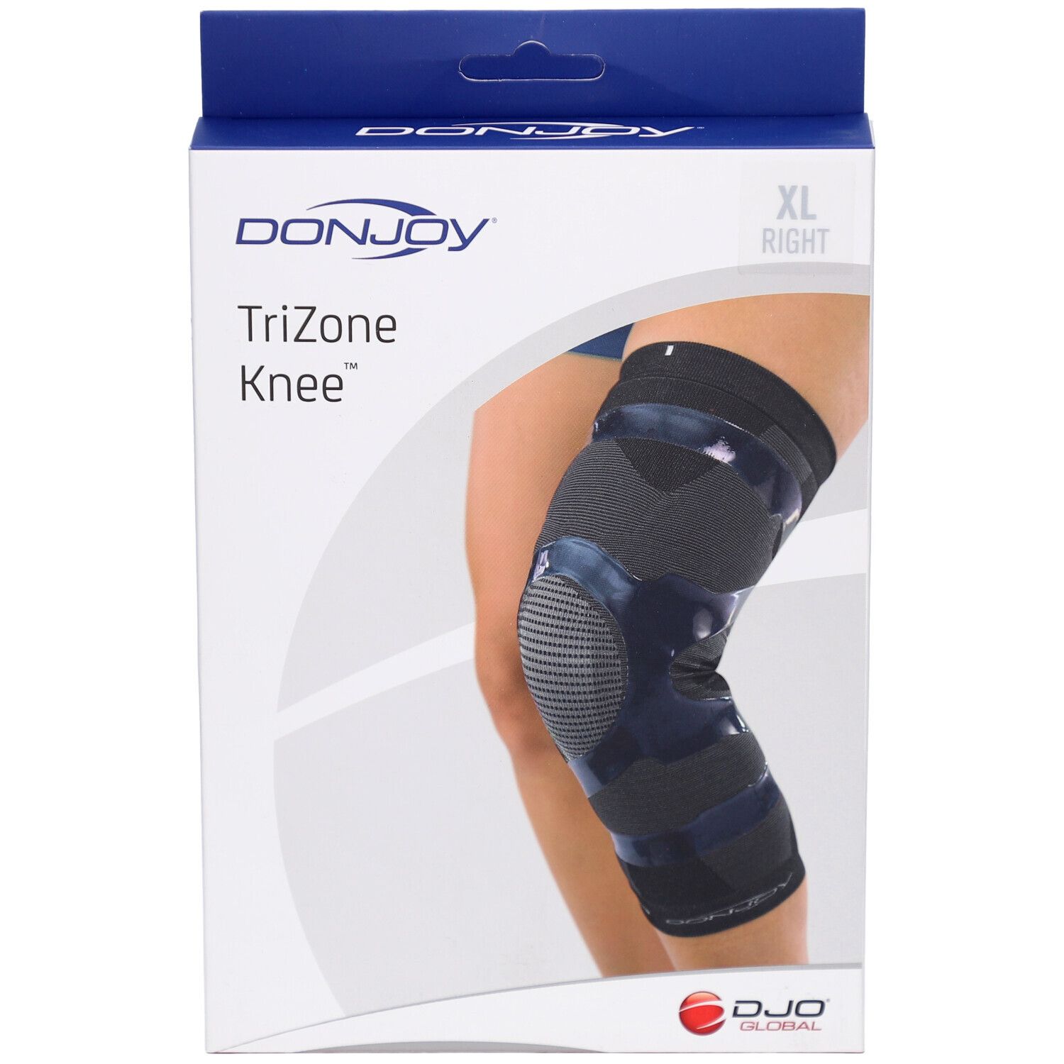 DonJoy Trizone Knee Extra Large droit. Genouillère dans son emballage. XL, droite. Marque et nom du produit visibles.