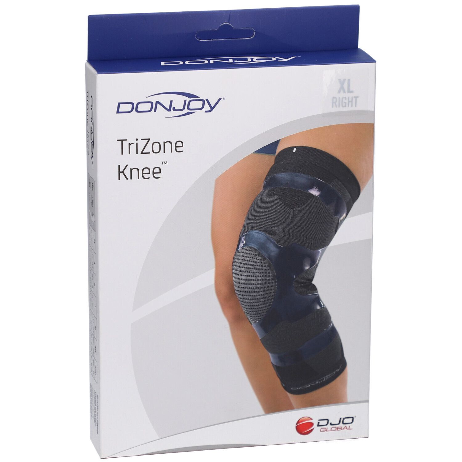 DonJoy Trizone Knee Extra Large droit. Genouillère dans son emballage. XL, droite. Marque et nom du produit visibles.