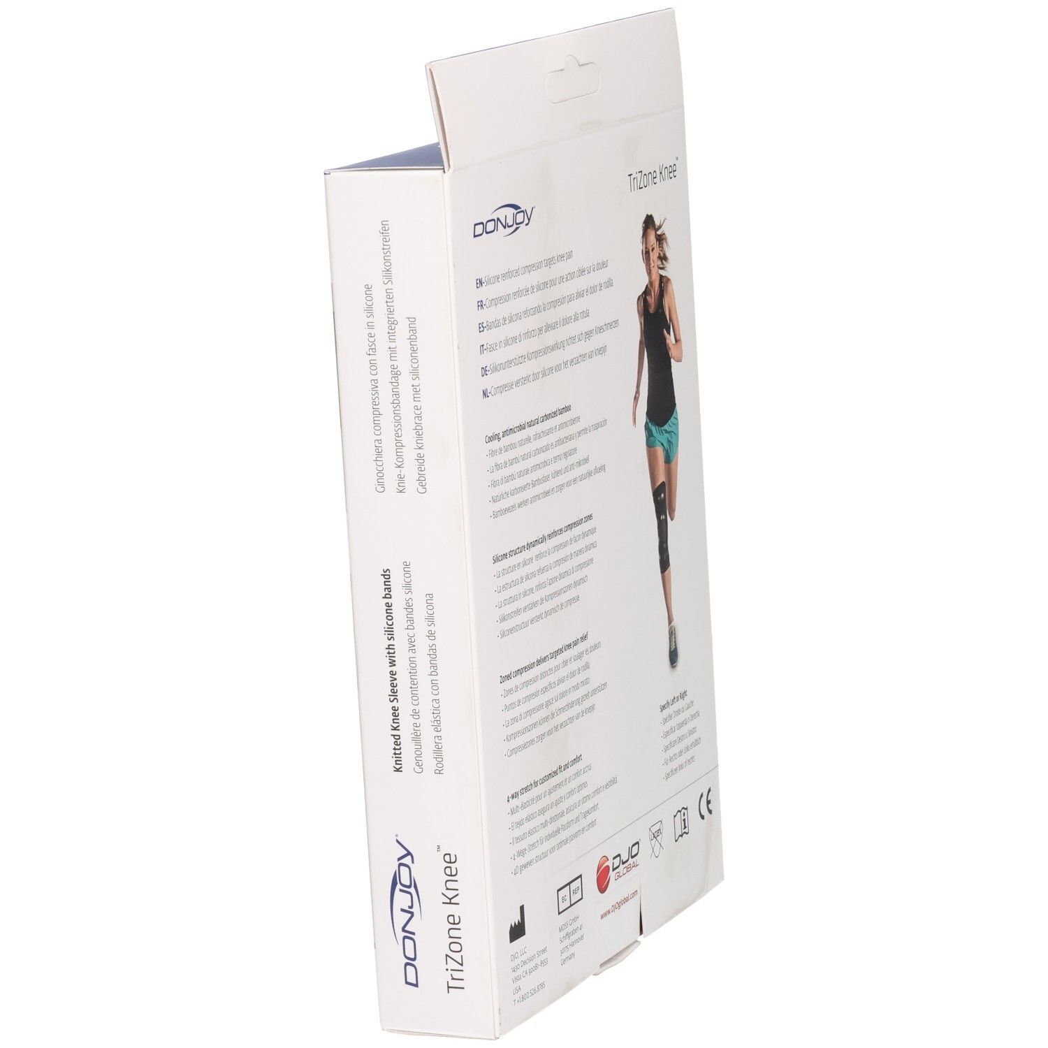 Genouillère DonJoy TriZone Knee en boîte pliante.