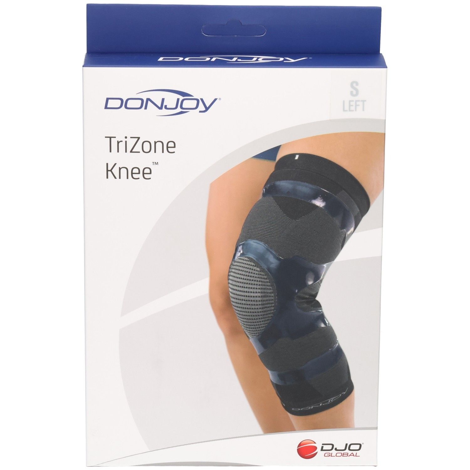 Genouillère Donjoy TriZone, taille S, gauche, avec image d'une personne.