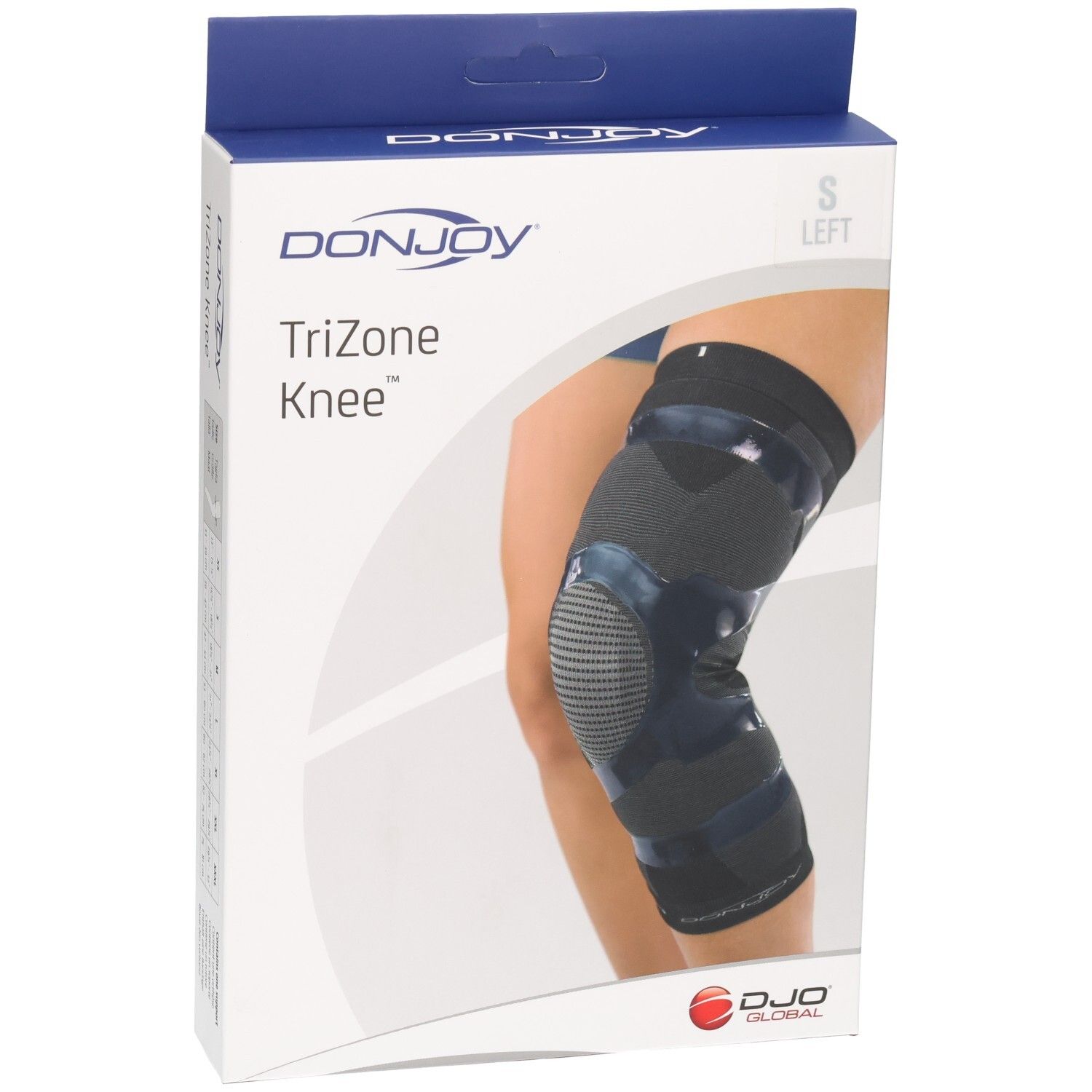 Genouillère DONJOY TriZone, taille S, gauche. Gris foncé avec renforts bleus.