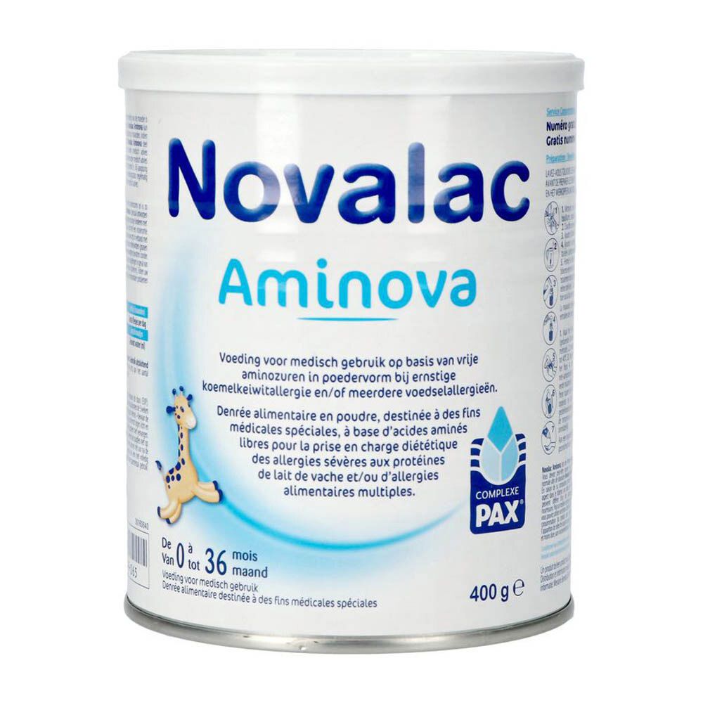 Blik Novalac Aminova. Opschrift: Aminova, 0-36 mois. Illustratie van een giraffe. 400 g.