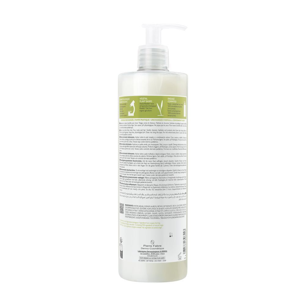 Achterkant van een A-Derma douchecrème fles met gebruiksinstructies.