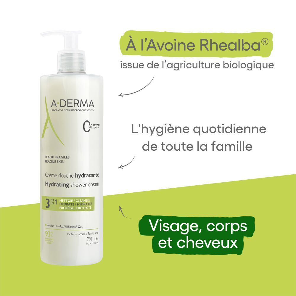 Dos d'une bouteille de crème douche A-Derma avec informations détaillées.