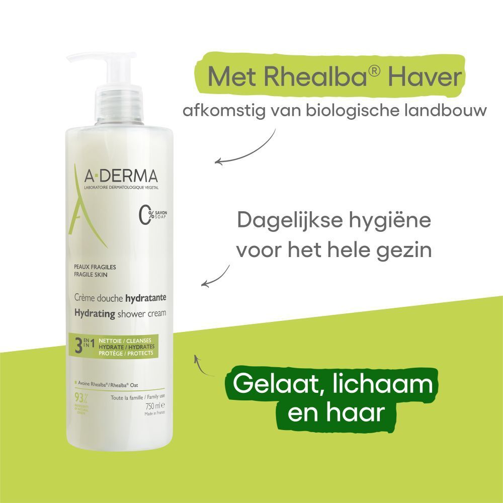 Achterkant van een A-Derma douchecrème fles met gedetailleerde informatie.