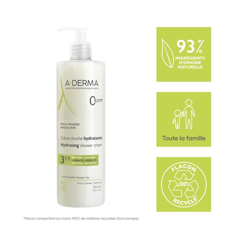 Crème douche A-Derma avec pompe. Pour peaux fragiles.