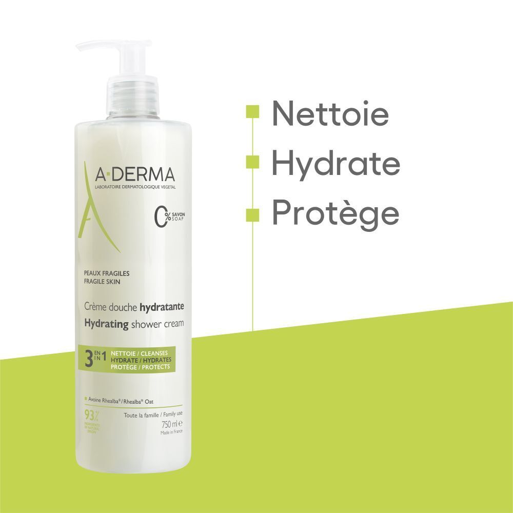 Dos d'une bouteille de crème douche A-Derma avec instructions.