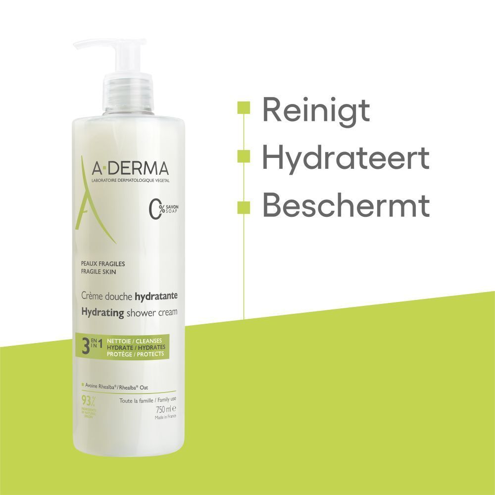 Achterkant van een A-Derma douchecrème fles met gebruiksinstructies.