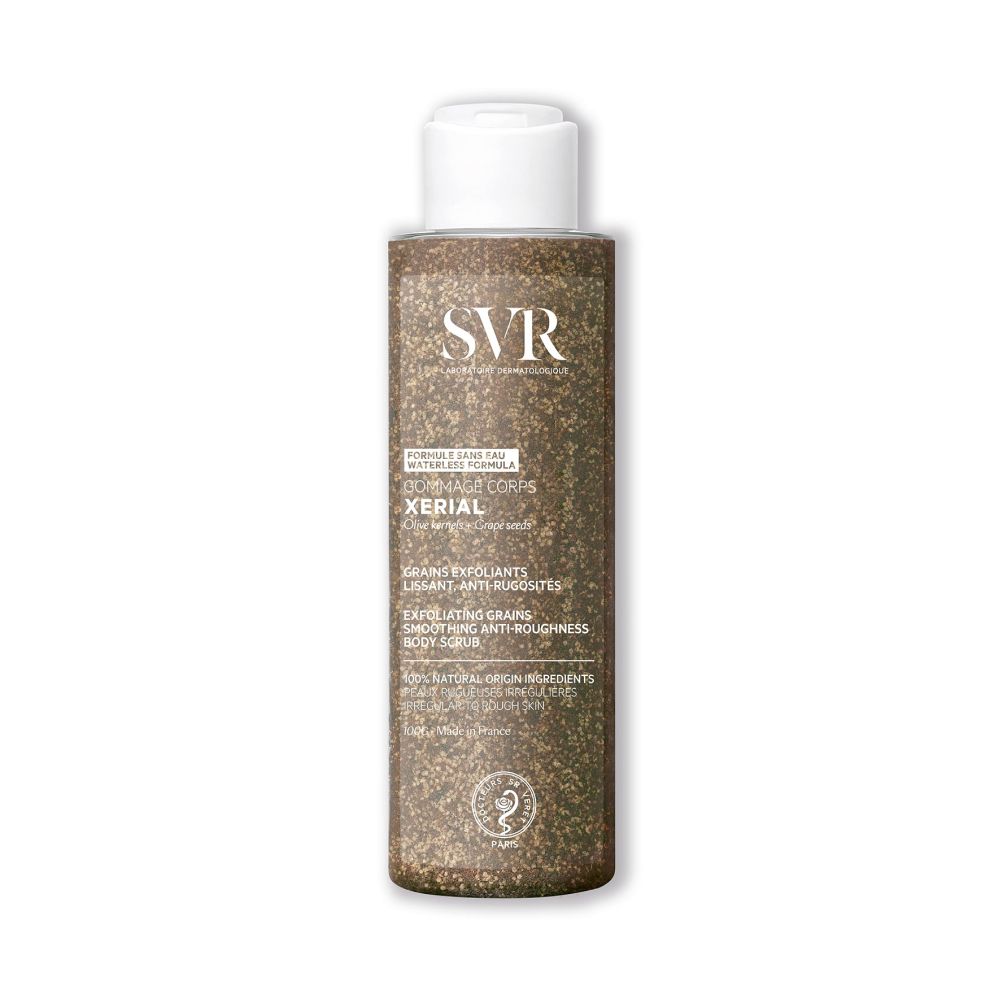 Lichaamsscrubfles. SVR-logo. XERIAL-tekst. Exfoliërende korrels. Anti-ruwheid.