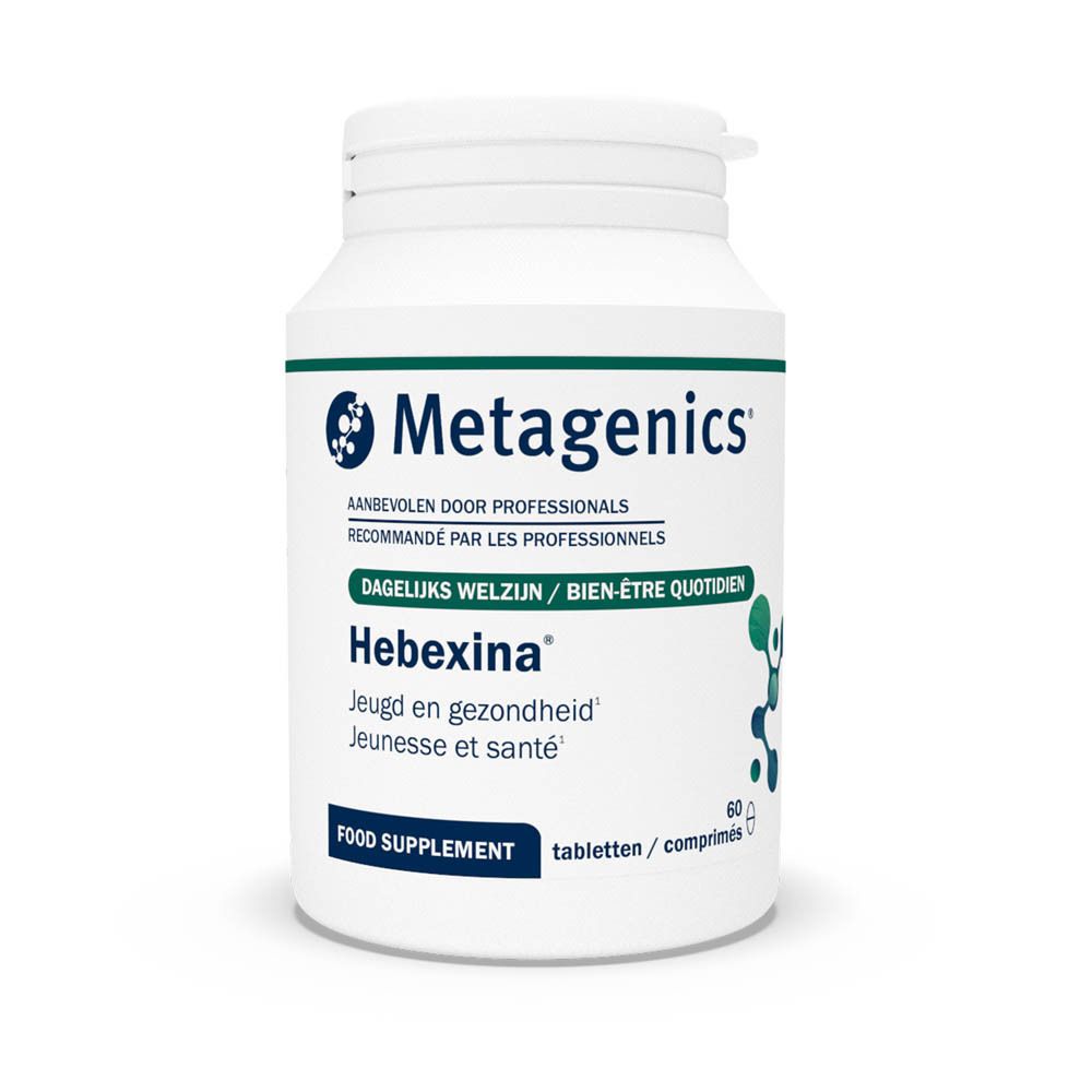 Witte fles met groen etiket. Opschrift: Metagenics, Hebexina, Jeugd en gezondheid, 60 tabletten. Food Supplement.