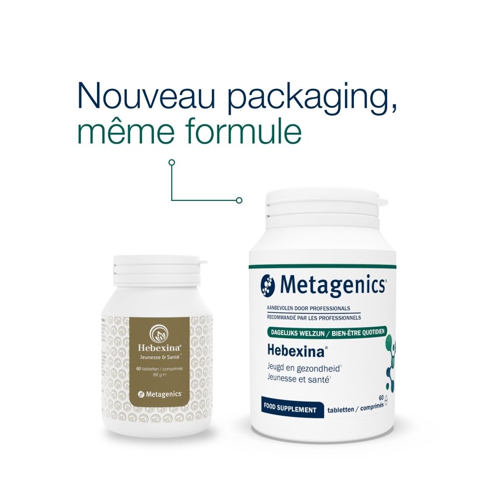 Deux flacons, un petit, un grand. Texte: Nouveau packaging, même formule. Metagenics, Hebexina.