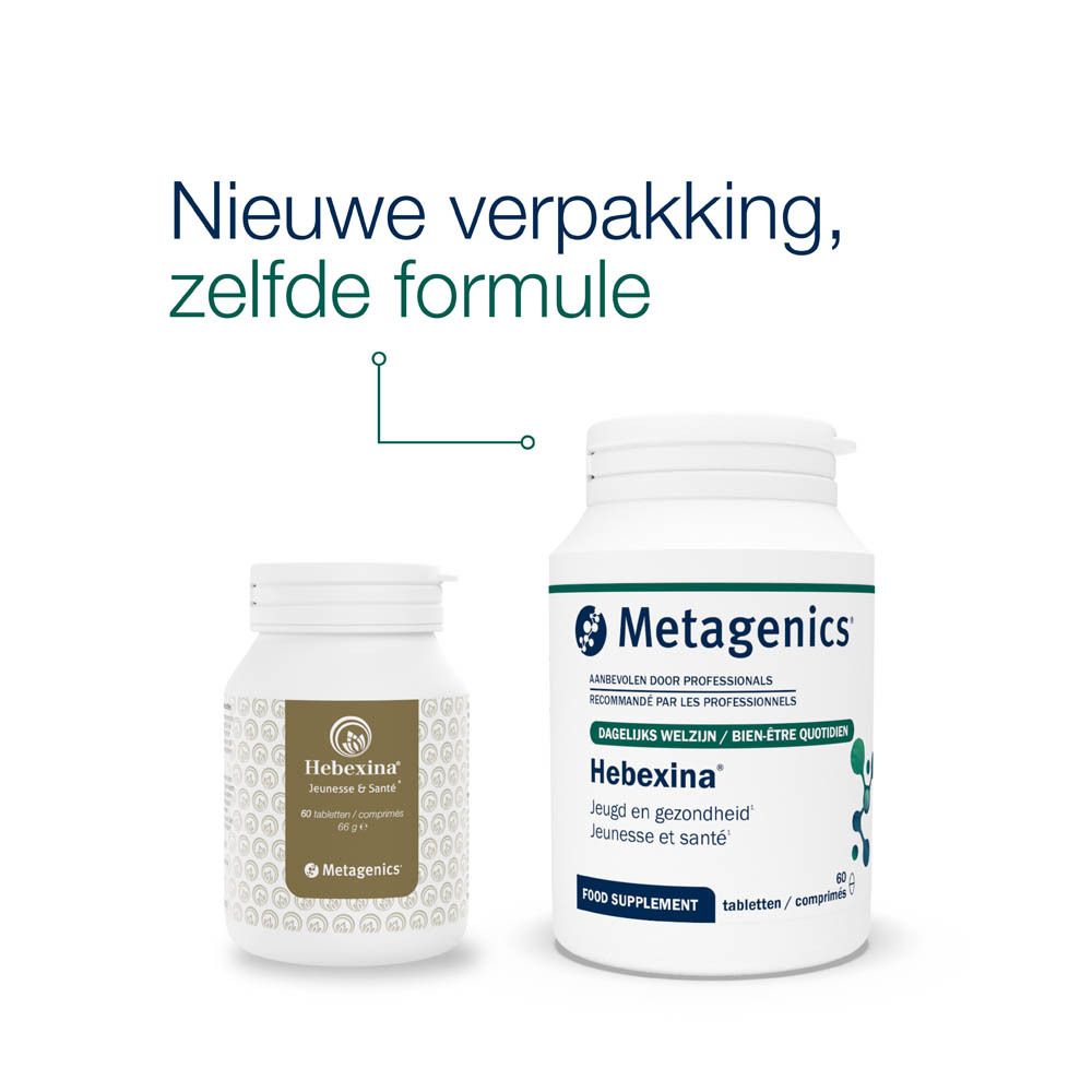 Twee flessen, een kleine, een grote. Tekst: Nieuwe verpakking, zelfde formule. Metagenics, Hebexina.