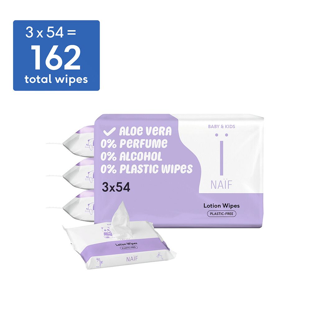 NAIF Baby & Kids doekjes, 3 x 54 stuks. 162 doekjes. Zonder parfum, alcohol, plastic. Met aloë vera.