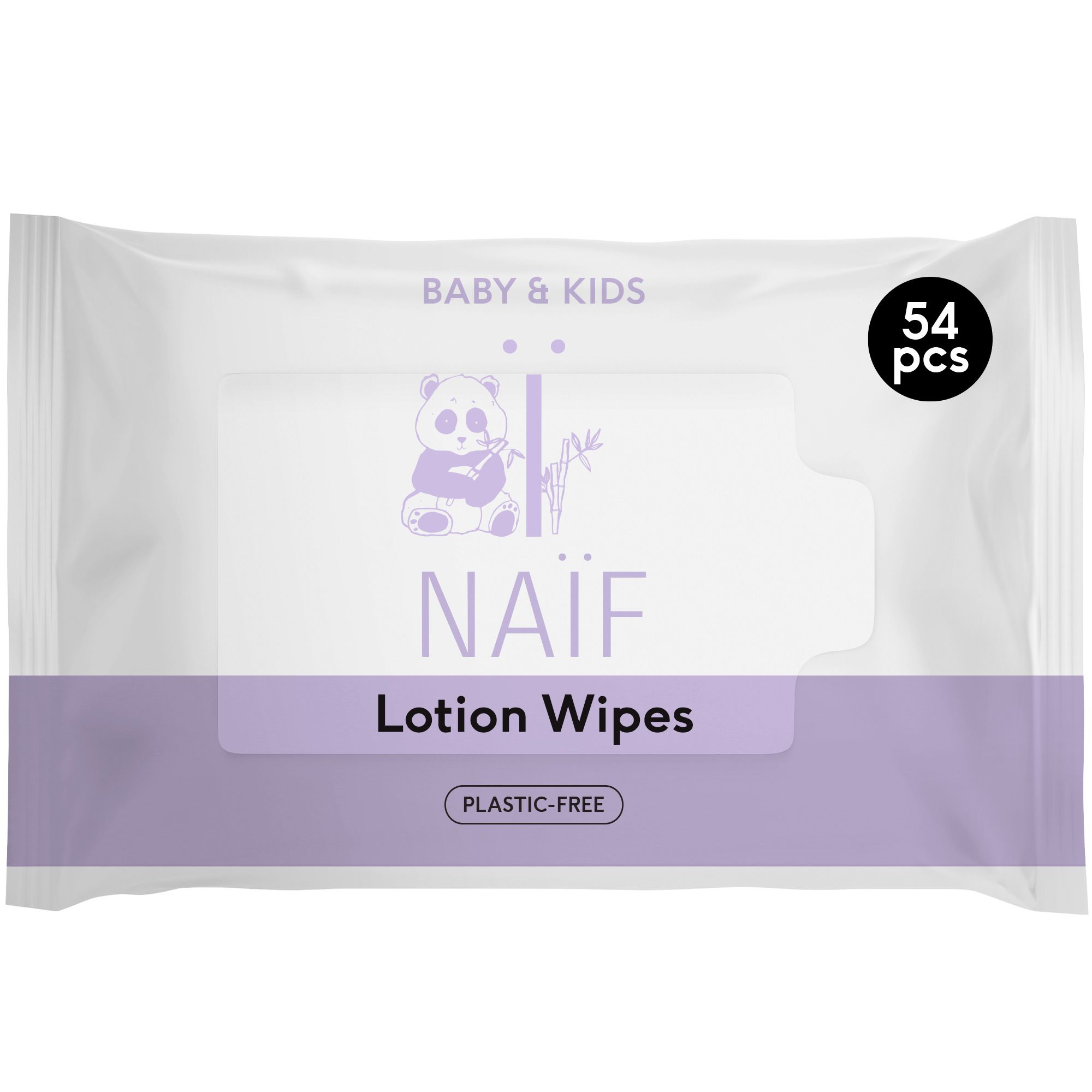 Verpakking van NAÏF Lotion Wipes. 54 stuks. Opschrift: Plastic-Free.