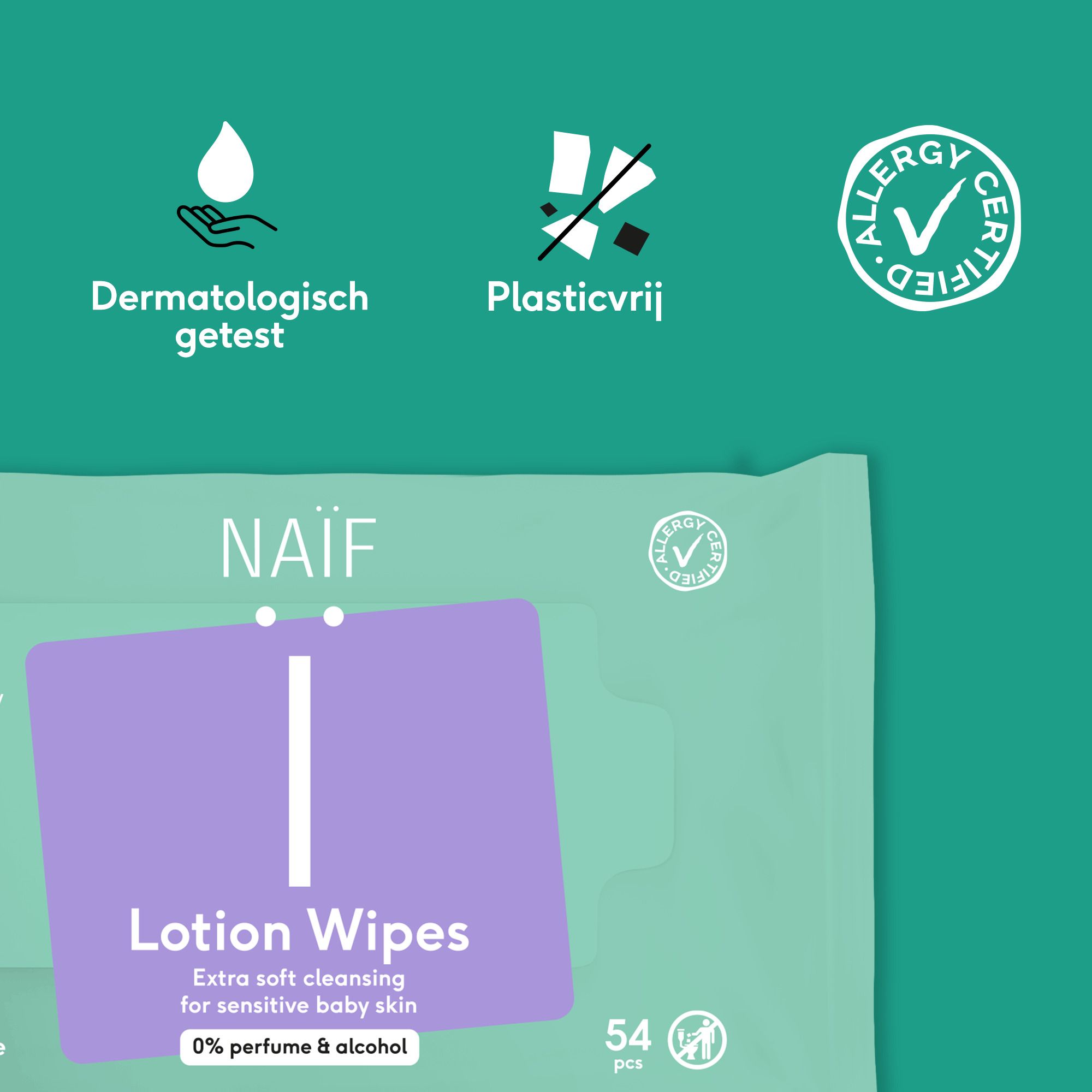 NAÏF Lotion Wipes Baby & Kids, 54 stuks. Plasticvrij, 0% parfum & alcohol, hydraterend.