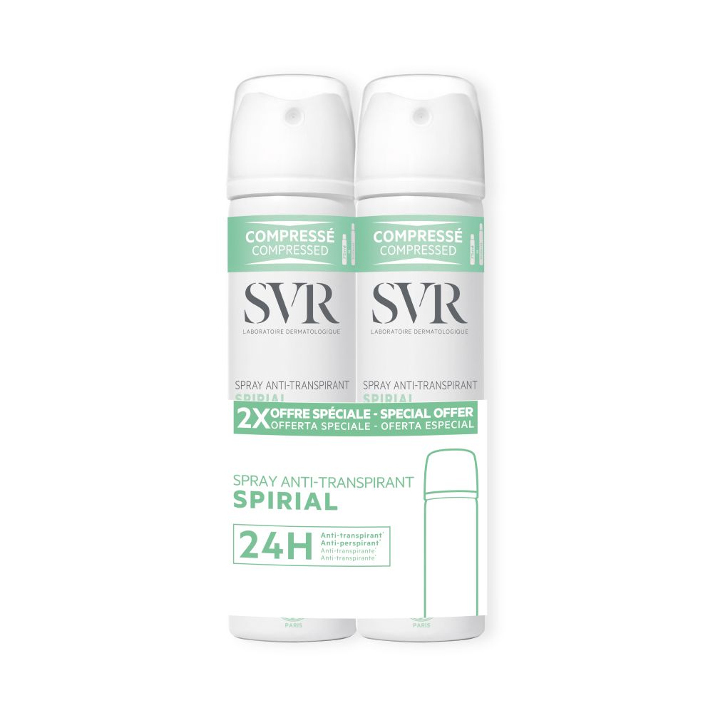 Twee deodorantsprays naast elkaar. Opschrift: SVR, Spirial, 24H. Groen-witte kleurstelling.